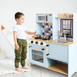 DEQUBE - Cocina de Madera 2 módulos diseño Moderno - Cocina de Juguete con Luces y Sonidos - Contiene Accesorios metálicos para el Juego - Tamaño 72X30X85 cm - Color Azul (913D00013)