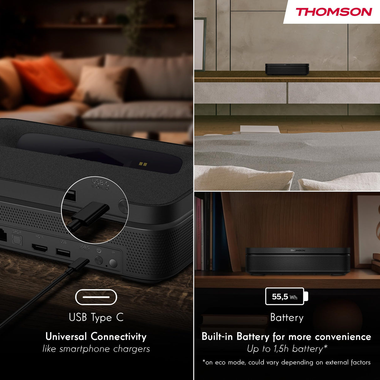 Thomson Sirius PG55B Proyector Láser RGB Inteligente, Tiro Ultra Corto, Full HD 1080p, Google TV, 600 ANSI, Auto Enfoque, HDR10+, Dolby Digital+, Batería, WiFi, Bluetooth