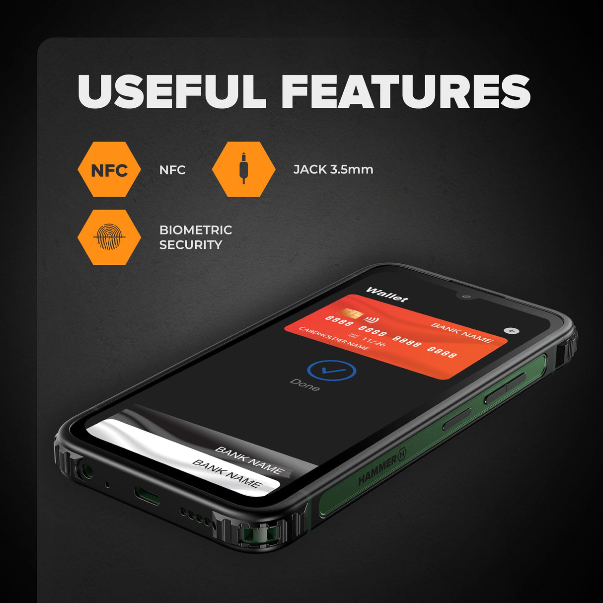 Hammer H Ranger 4G LTE, 6/128GB, Android 15, Dual-SIM, Bluetooth 5.2, NFC. 50 MPX, Omnivision, 5000 mAh, Powerbank, IP69