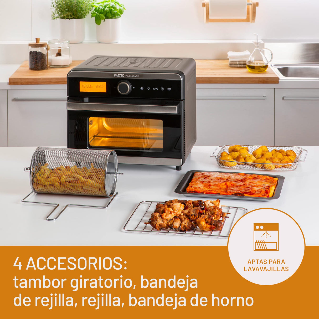 IMETEC FriggiLeggero - Freidora de aire multifunción, sabor con poco aceite, 12 programas, calentamiento rápido, 18 L, 1550 W, controles digitales, cesta, grill, cacerola, recetario