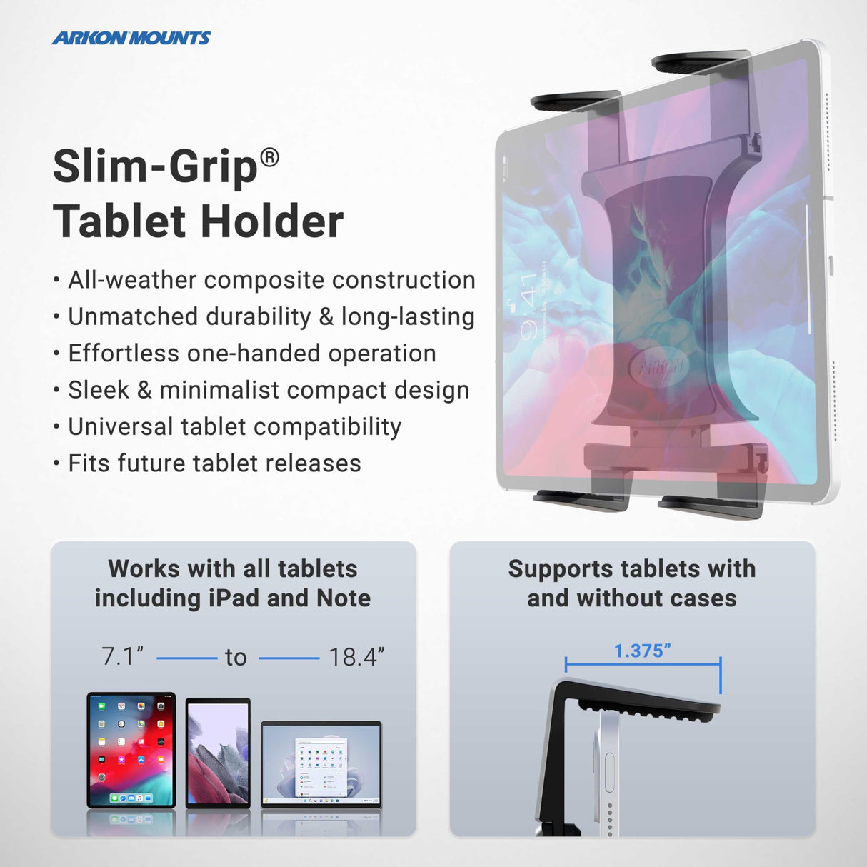 ARKON TAB802 - Soporte de Abrazadera para Tablet de Escritorio o Silla de Ruedas con Brazo de 22 Pulgadas para iPad Air iPad Pro, iPad 4, 3, 2, Galaxy Tab S 10.5, Color Negro