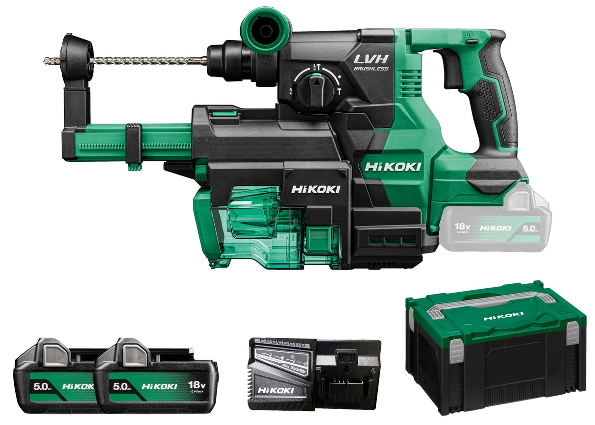 HIKOKI Martillo perforador y cincelador con batería DH1826DA, grabación: SDS-plus (18 V, 5,0 Ah, velocidad de ralentí 0-4300 min-1, energía de impacto (según EPTA 5.0): 3,2 J, motor sin escobillas,