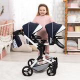 Bayer Design 26281AA Cochecito de muñeca gemelas, Carrito Paseo para muñecos, Ajustable en Altura, Plegable, con Bolsa