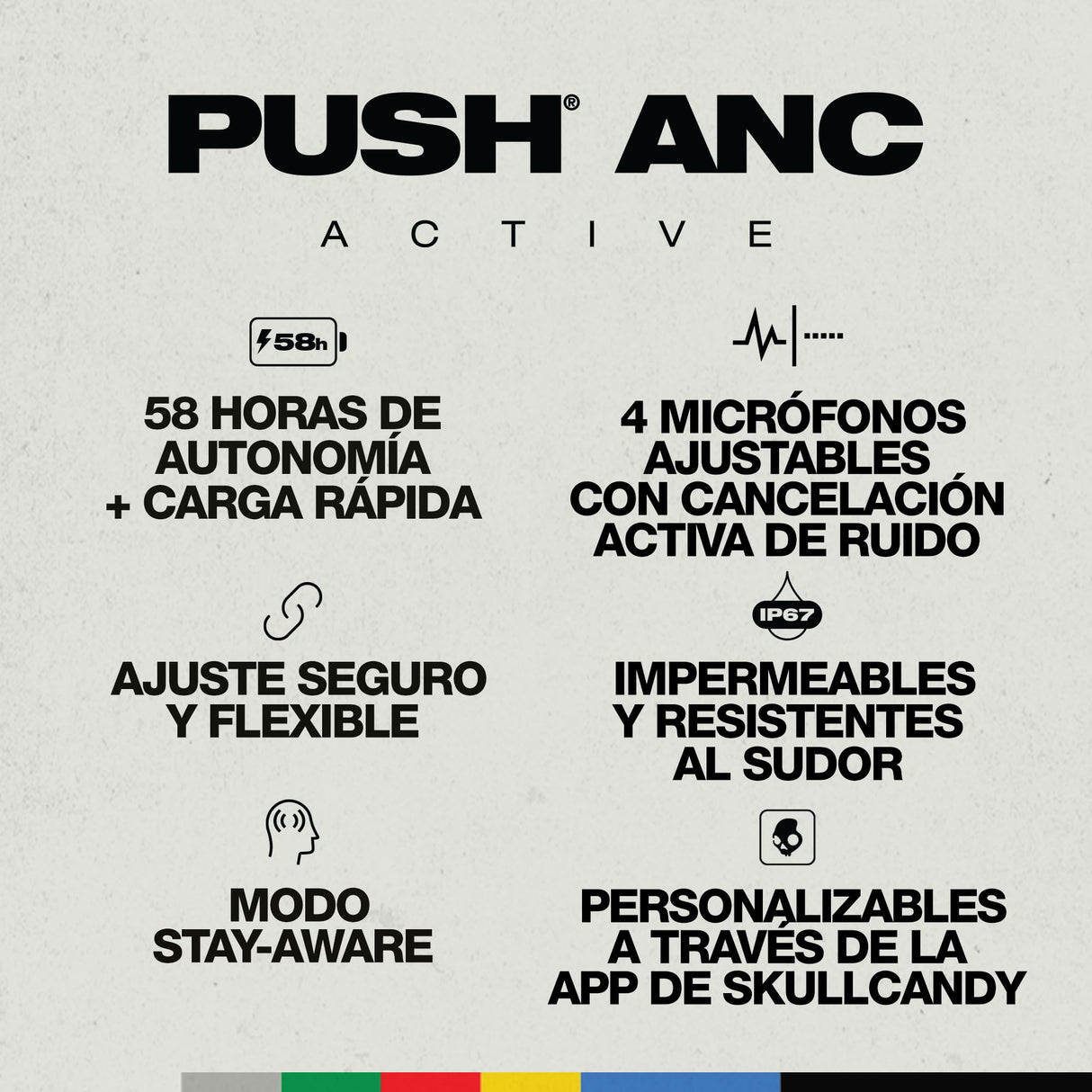 Skullcandy Push ANC Active Auriculares In-Ear Inalámbricos, 58 h de Autonomía, Impermeabilidad IP67, Carga Inalámbrica, Micrófono, Compatibles con iPhone y Android. True Black/Orange
