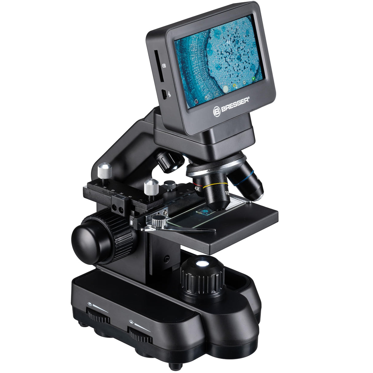 Bresser Biolux Touch - Microscopio LCD de 5 MP para Escuela y Hobby, con Mesa mecánica Cruzada, HDMI, USB y SD, Negro