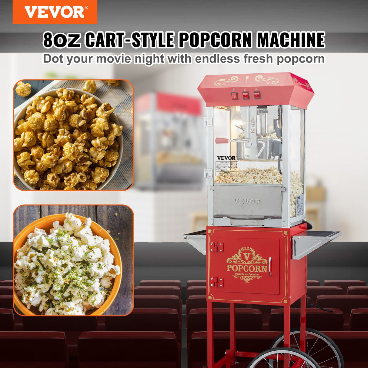 VEVOR Máquina para Hacer Palomitas de Maíz con Carrito, 850 W, Hervidor de 8 oz Que Prepara 48 Tazas por Tanda, con Vidrio Templado, Incluye 4 Palas, Estilo Cine, Color Rojo, 610 x 410 x 1395 mm