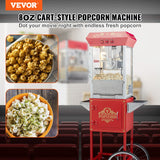 VEVOR Máquina para Hacer Palomitas de Maíz con Carrito, 850 W, Hervidor de 8 oz Que Prepara 48 Tazas por Tanda, con Vidrio Templado, Incluye 4 Palas, Estilo Cine, Color Rojo, 610 x 410 x 1395 mm