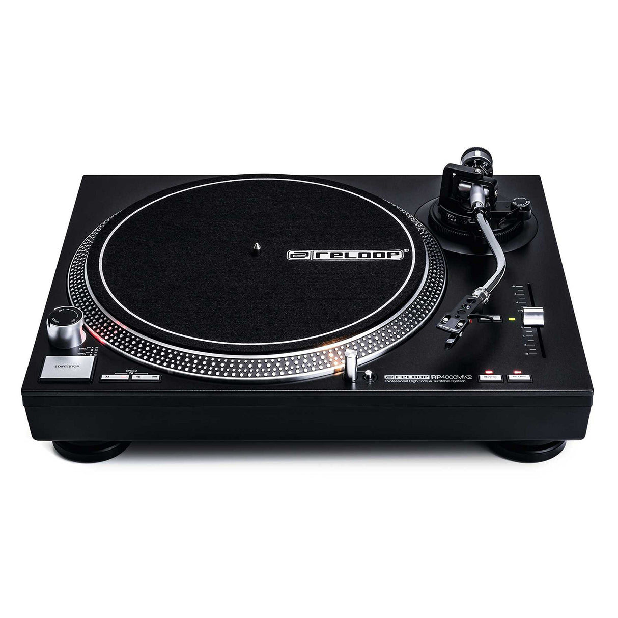 Reloop RP-4000 MK2 - Plato Giratorio de Cuarzo para DJ con accionamiento Directo de Alto par, Incluye Plato, Sistema de Toma OM Black, Casco, Alfombra de Deslizamiento y contrapeso, Negro