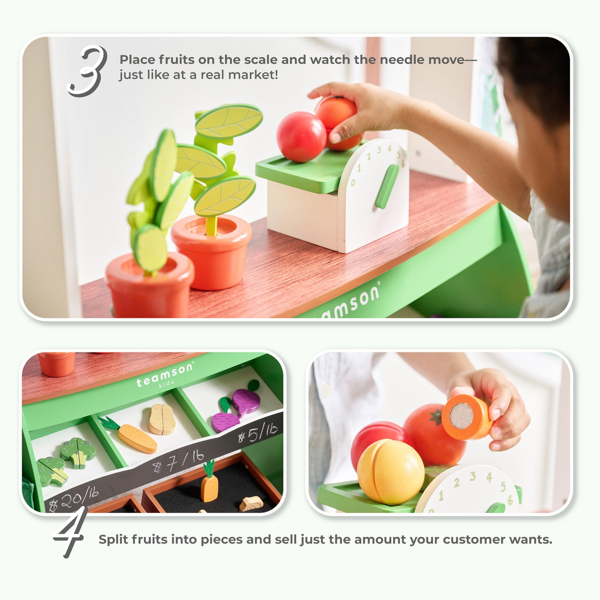 Teamson Kids Puesto de Mercado Vermont de Madera con Verduras, Pizarra, balanza, Cajas de jardín y Accesorios de Compra para niños