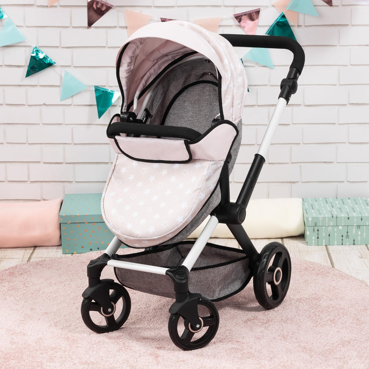 Bayer Design 17031AA Cochecito de muñeca Combi Xeo, Carro para muñecos, Bolsa, Convertible, Regulable en Altura