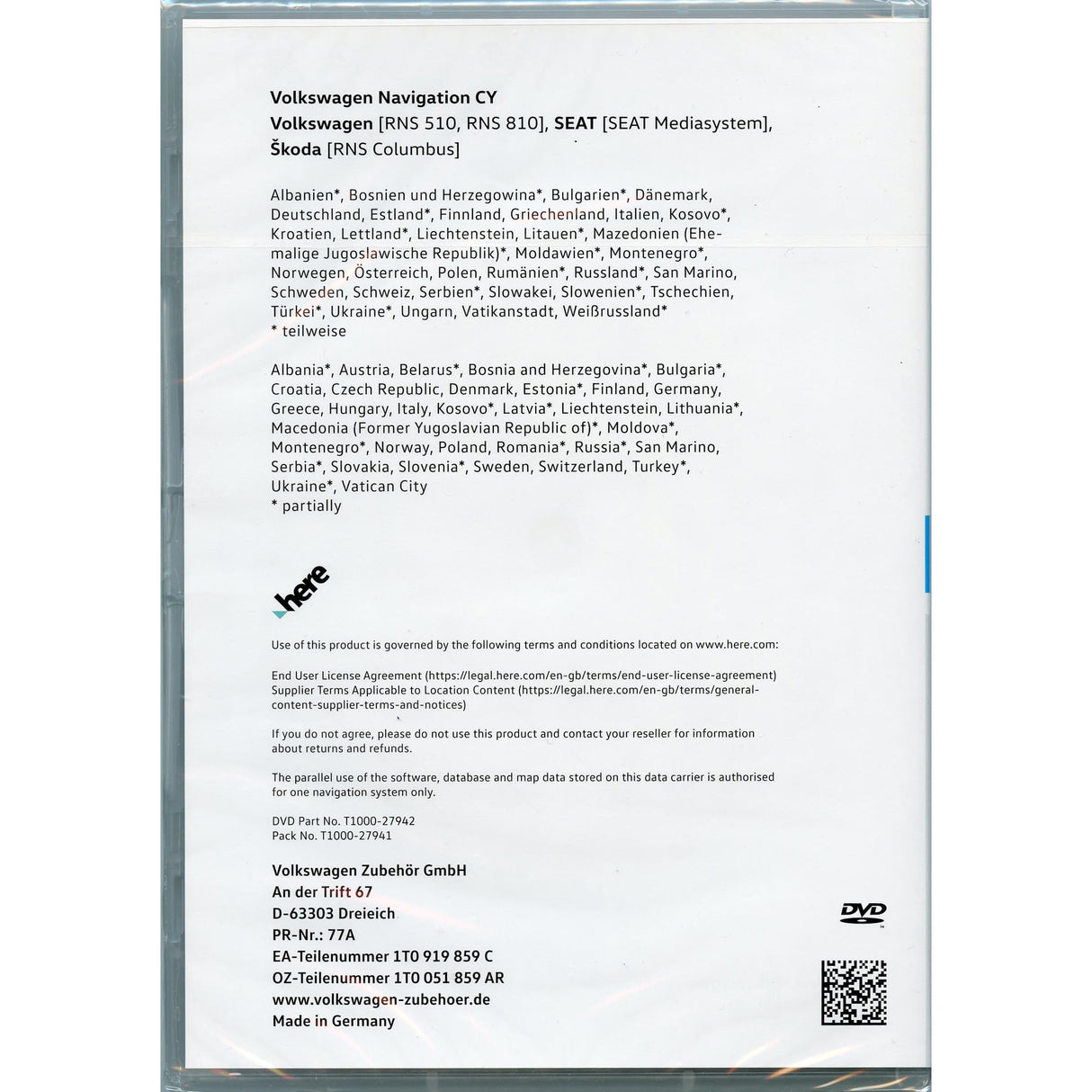 Volkswagen 1T0051859AR Navegación DVD Datos de mapas Europa Oriental V17 Sistema de navegación *** Solo para RNS510/RNS810 *** Solo para Plataforma CY *** Comprobar compatibilidad VORAB. ***