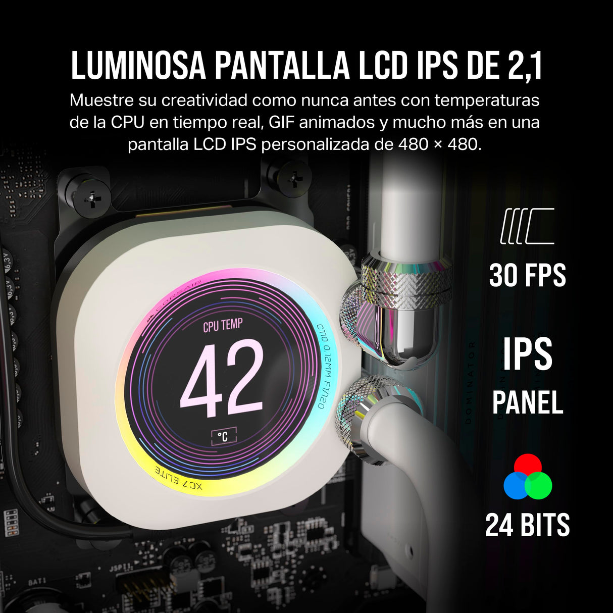CORSAIR XC7 RGB Elite LCD Bloque de refrigeración líquida para CPU - Pantalla LCD IPS 480x480-31 LED RGB - USB-C - Compatible con Intel LGA 1700, AMD AM5 y anteriores - Blanco