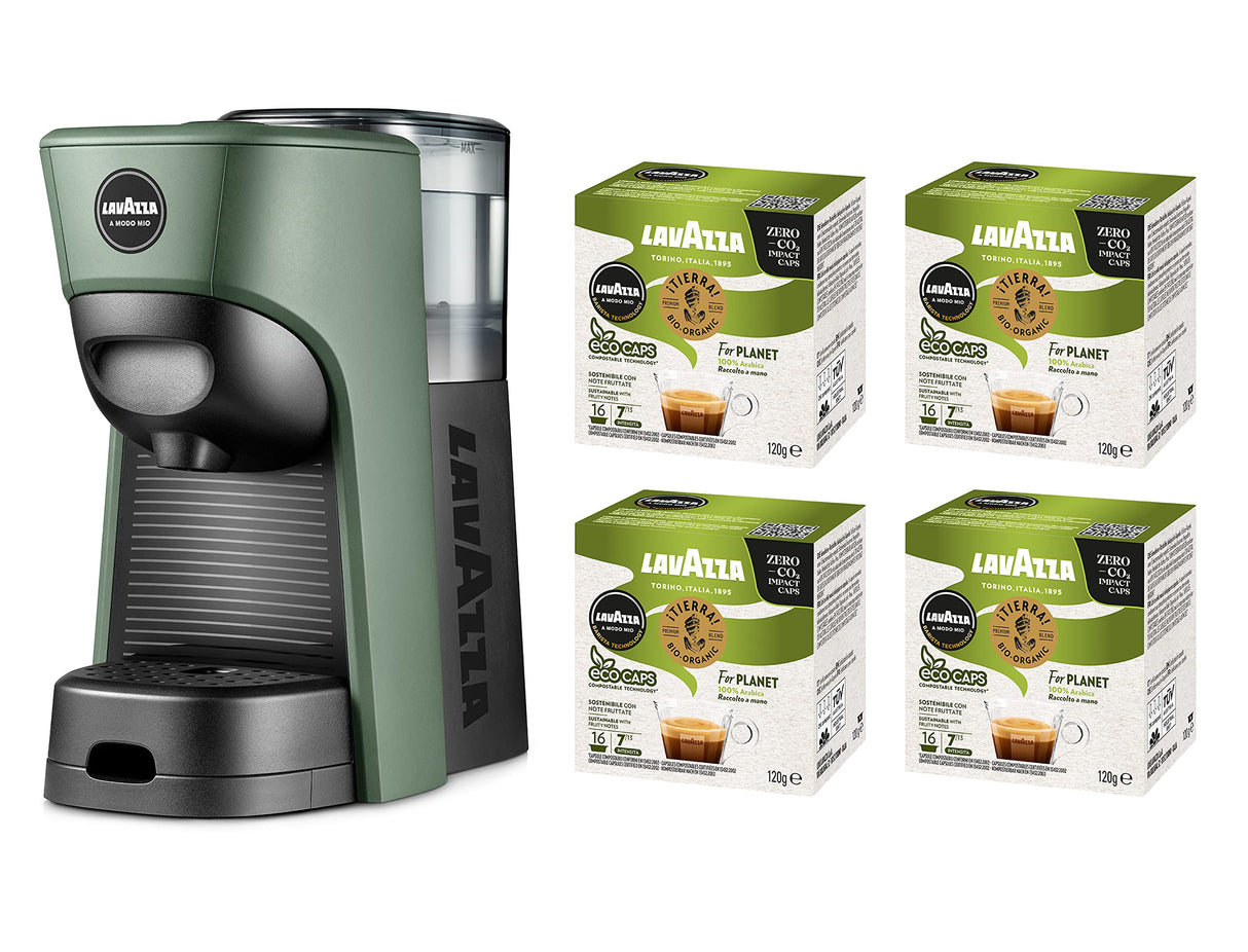 Lavazza, A Modo Mio - Máquina de café Tiny Eco verde con 64 cápsulas ¡Tierra! Surtidas, cafetera expreso de plástico reciclado, 1450 W, 220-240 V, 50/60 Hz, 0,6 litros