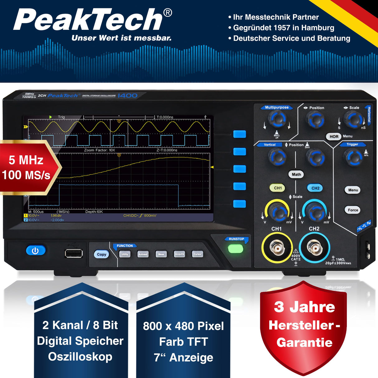 PeakTech, 1400, Osciloscopio digital compacto de 2 canales, Osciloscopio de 5 MHz de ancho de banda, velocidad de muestreo rápida de 100 MS/s, conexión USB, incluye software para PC