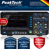 PeakTech, 1400, Osciloscopio digital compacto de 2 canales, Osciloscopio de 5 MHz de ancho de banda, velocidad de muestreo rápida de 100 MS/s, conexión USB, incluye software para PC