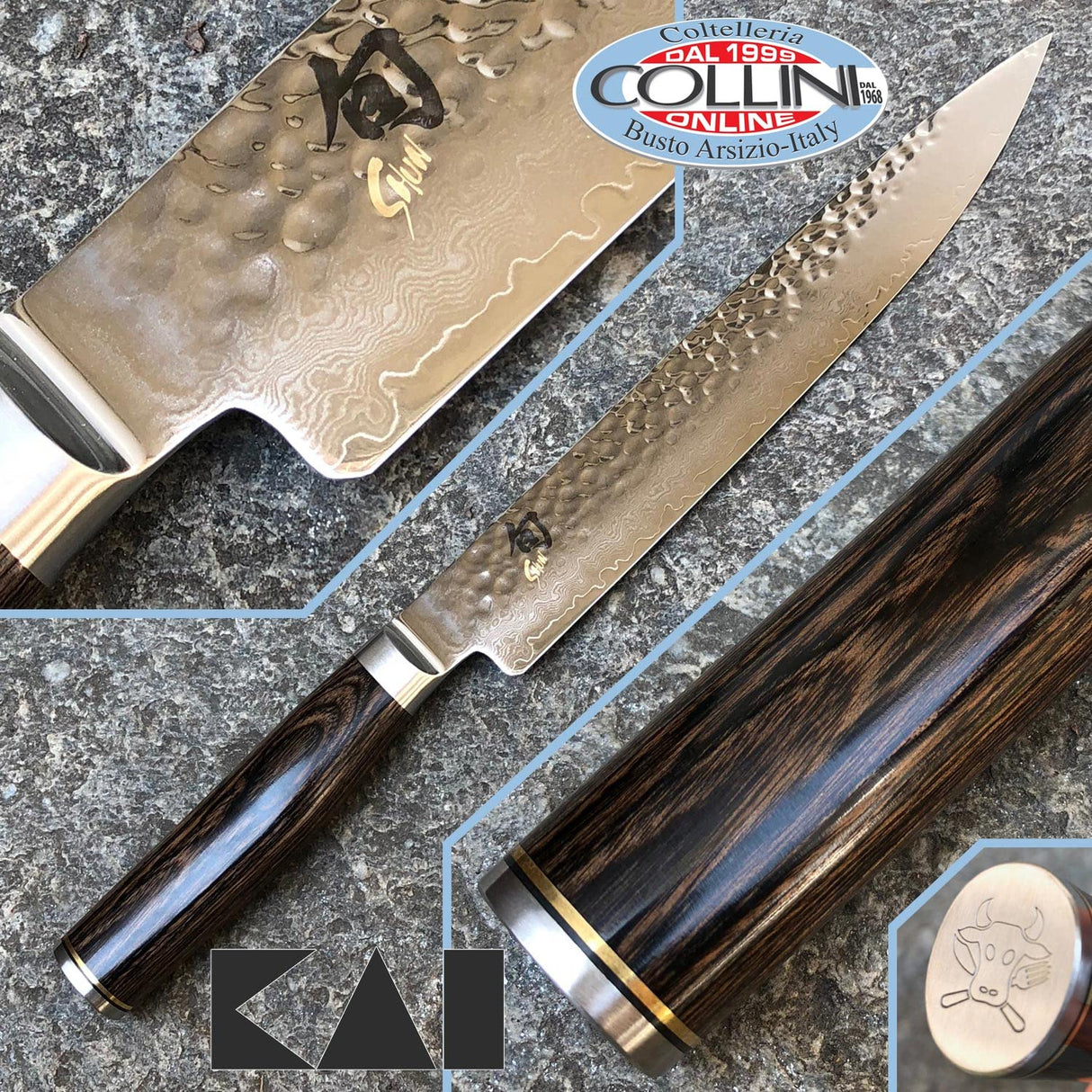 KAI Shun Premier Tim Mälzer Cuchillo japonés para jamón con hoja de 24 cm - Núcleo VG-MAX 61 HRC, 32 capas de Damasco pulido - Mango de madera de Pakka color marrón medio - Superficie martillada