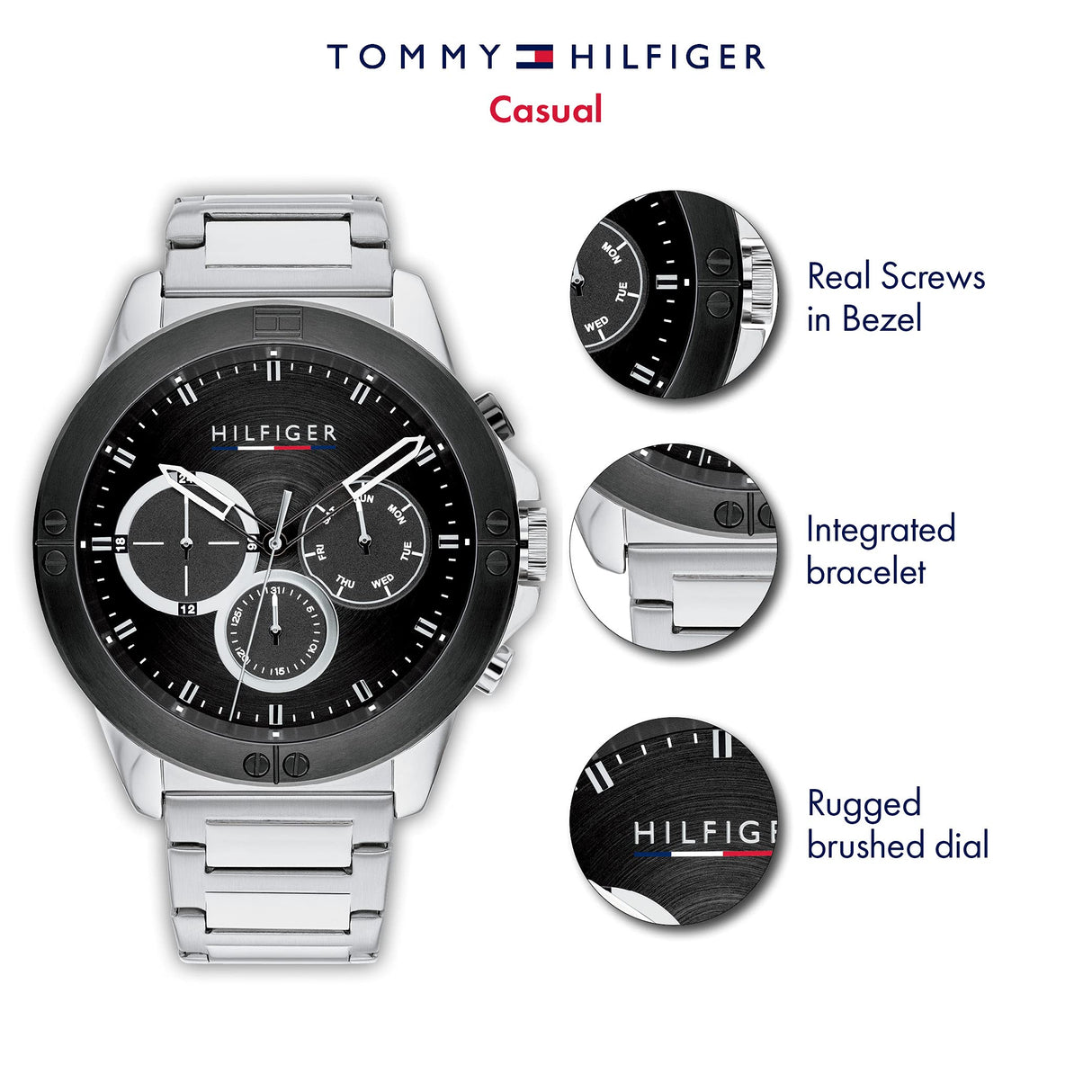 Tommy Hilfiger Reloj Analógico de Cuarzo Multifunción para Hombre con Correa de Acero Inoxidable Plateada - 1791890