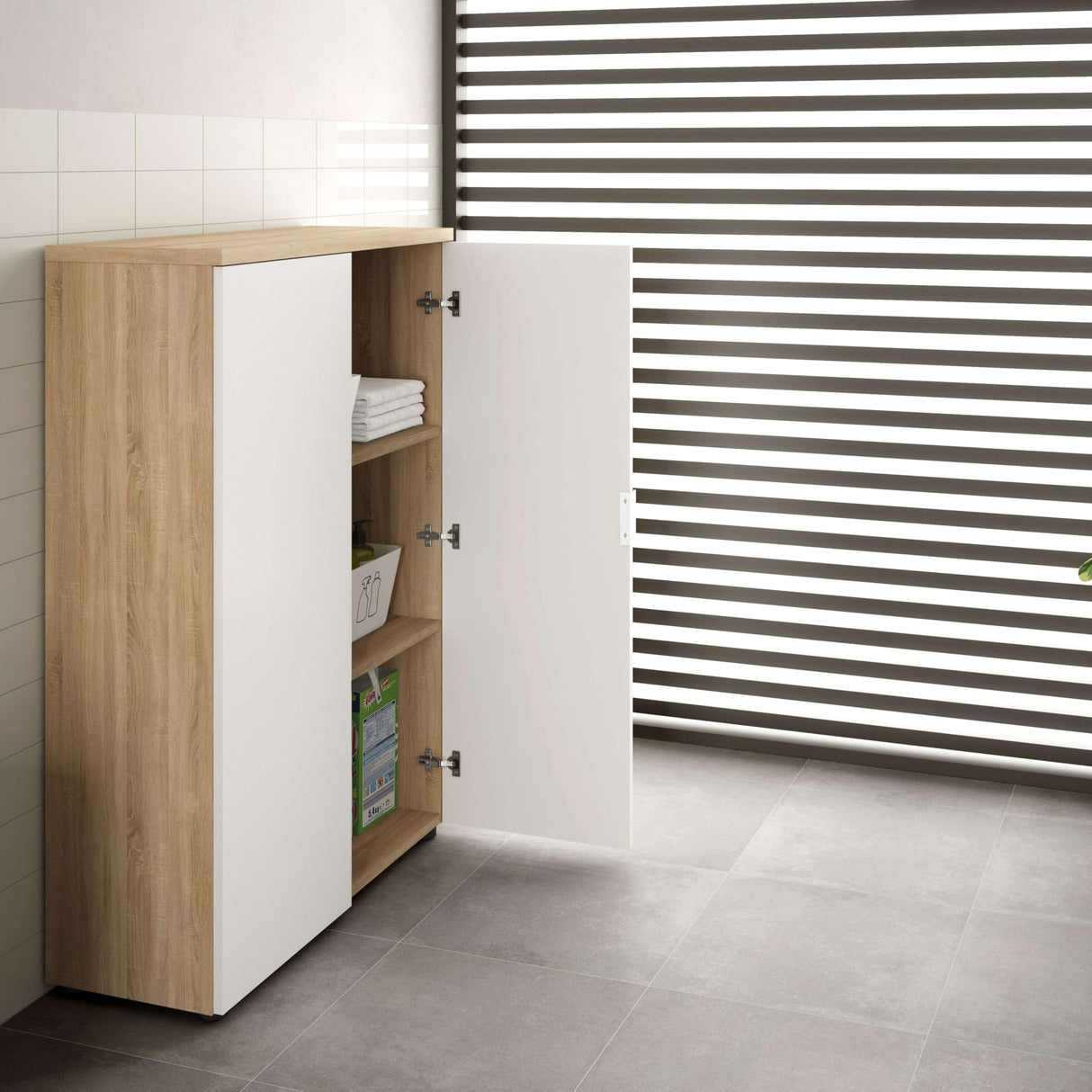 Habitdesign Mueble Auxiliar Despacho, Armario Estudio, 119x80x32,5 (AltoxAnchoxFondo - en cm), Color Blanco Artik y Roble Canadian, Modelo Office