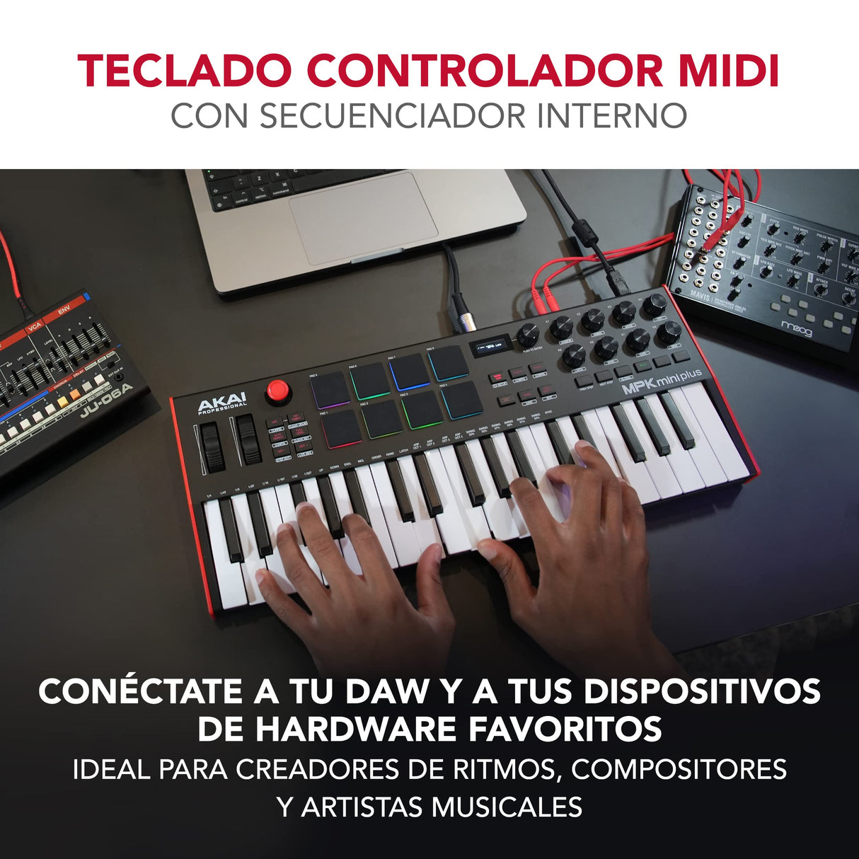 Akai Professional MPK Mini Plus - Teclado Controlador MIDI USB de 37 Mini Teclas con 8 Pads MPC, Secuenciador, MIDI/CV/Gate I/O, Software de Producción y Native Instruments Sound Package