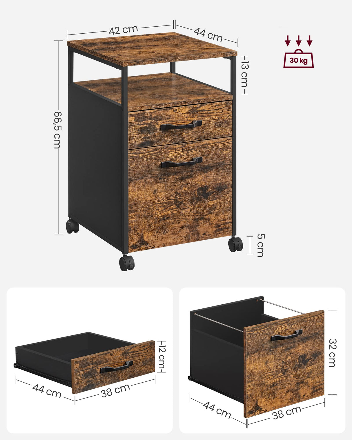 VASAGLE Archivador Móvil con 2 Cajones, Archivador de Oficina con Ruedas, Compartimento Abierto, Marco de Acero, Estilo Industrial, Marrón Rústico y Negro Tinta OFC71X
