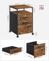 VASAGLE Archivador Móvil con 2 Cajones, Archivador de Oficina con Ruedas, Compartimento Abierto, Marco de Acero, Estilo Industrial, Marrón Rústico y Negro Tinta OFC71X