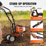 VEVOR Motocultor Térmico con Motor de Gasolina de 43 CC de 2 Tiempos con 4 Púas Delanteras Ajustables de Acero Ruedas Grandes Fácil Instalación Cultivador de Tierra para Huerta, Jardinera, Campos