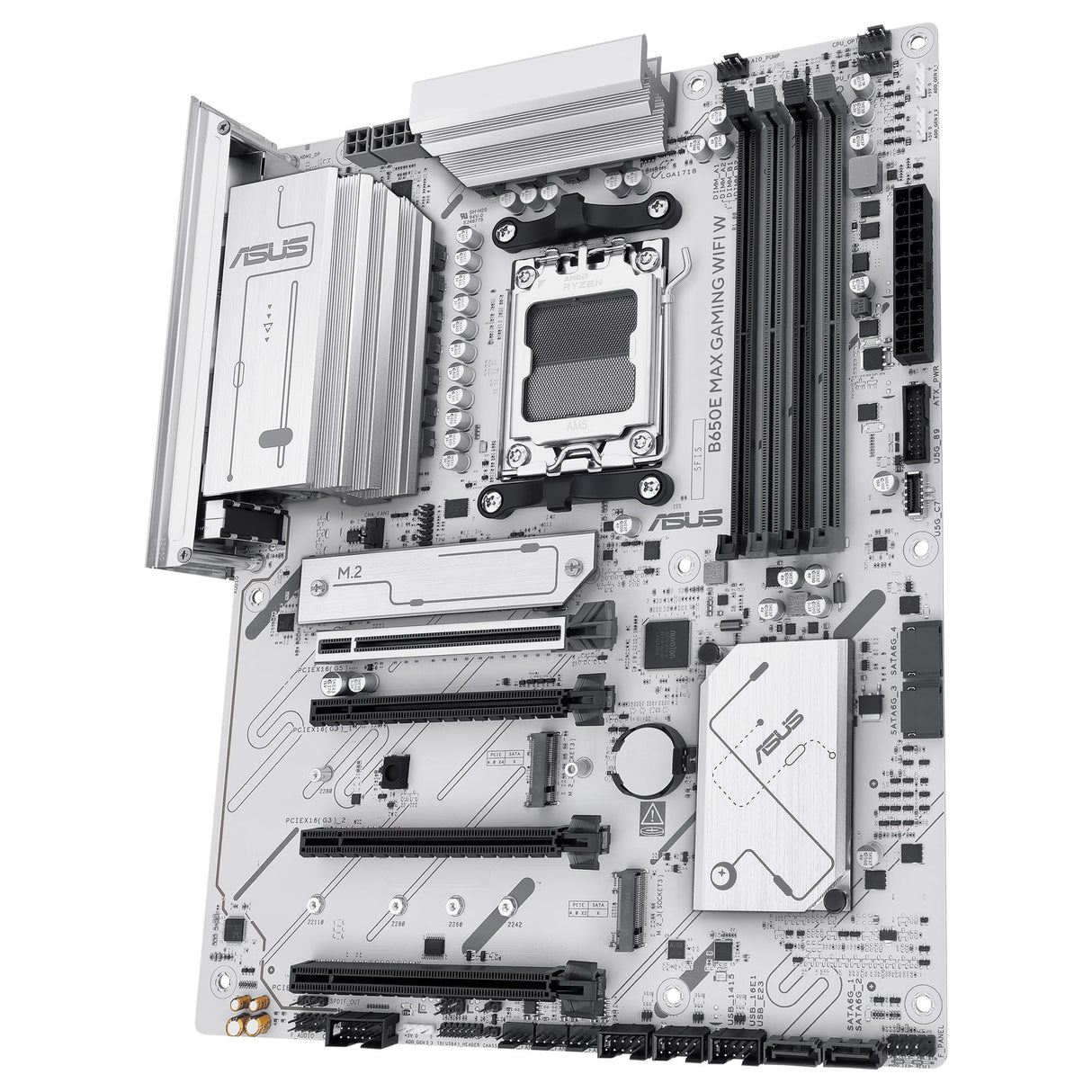 ASUS B650E MAX Gaming WiFi W - Placa Base AMD B650 ATX, Blanco, DDR5, PCIe 5.0, Ranuras M.2, Wi-Fi 6E, 2.5Gb Ethernet, DisplayPort, HDMI, USB Tipo-A y Tipo-C, BIOS Flashback, Aura Sync