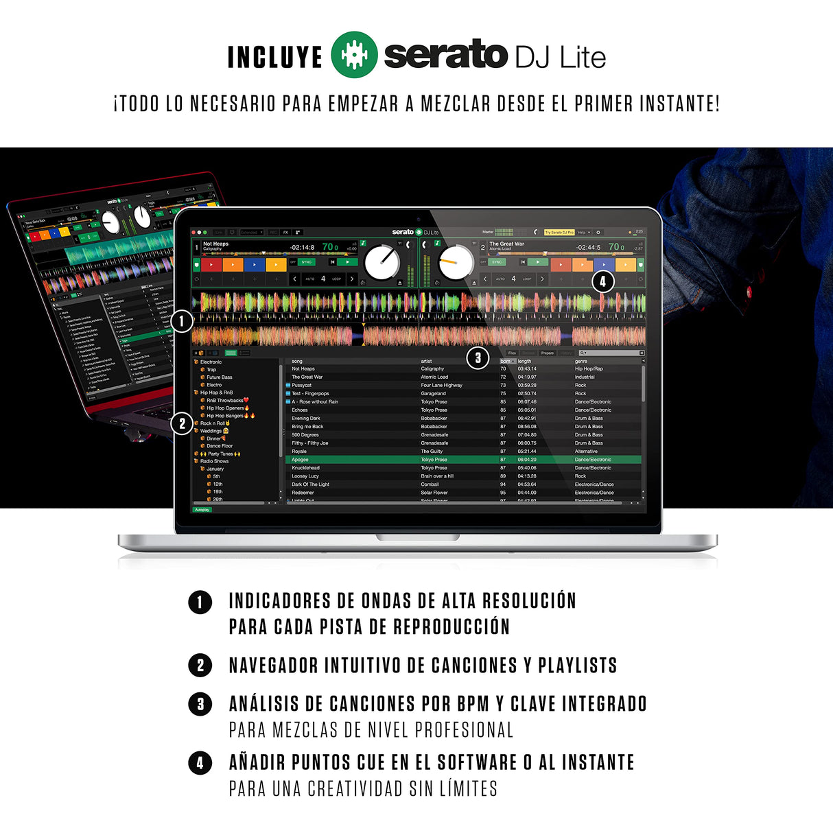 Numark Mixtrack Platinum FX Controlador DJ para Serato DJ Con Control de 4 Secciones, Mezclador DJ, Interfaz de Audio Incorporada, Pantallas en Las Ruedas de Selección y Paletas de Efectos