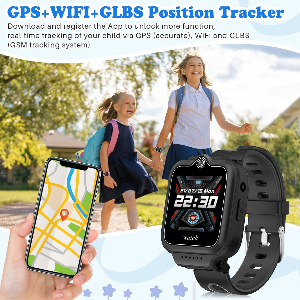 ele ELEOPTION 4G GPS Reloj Inteligente Impermeable para niños y niñas, Llamada bidireccional, Chat de Voz y vídeo, cámara, SOS, Reproductor de vídeo Musical, Alarma