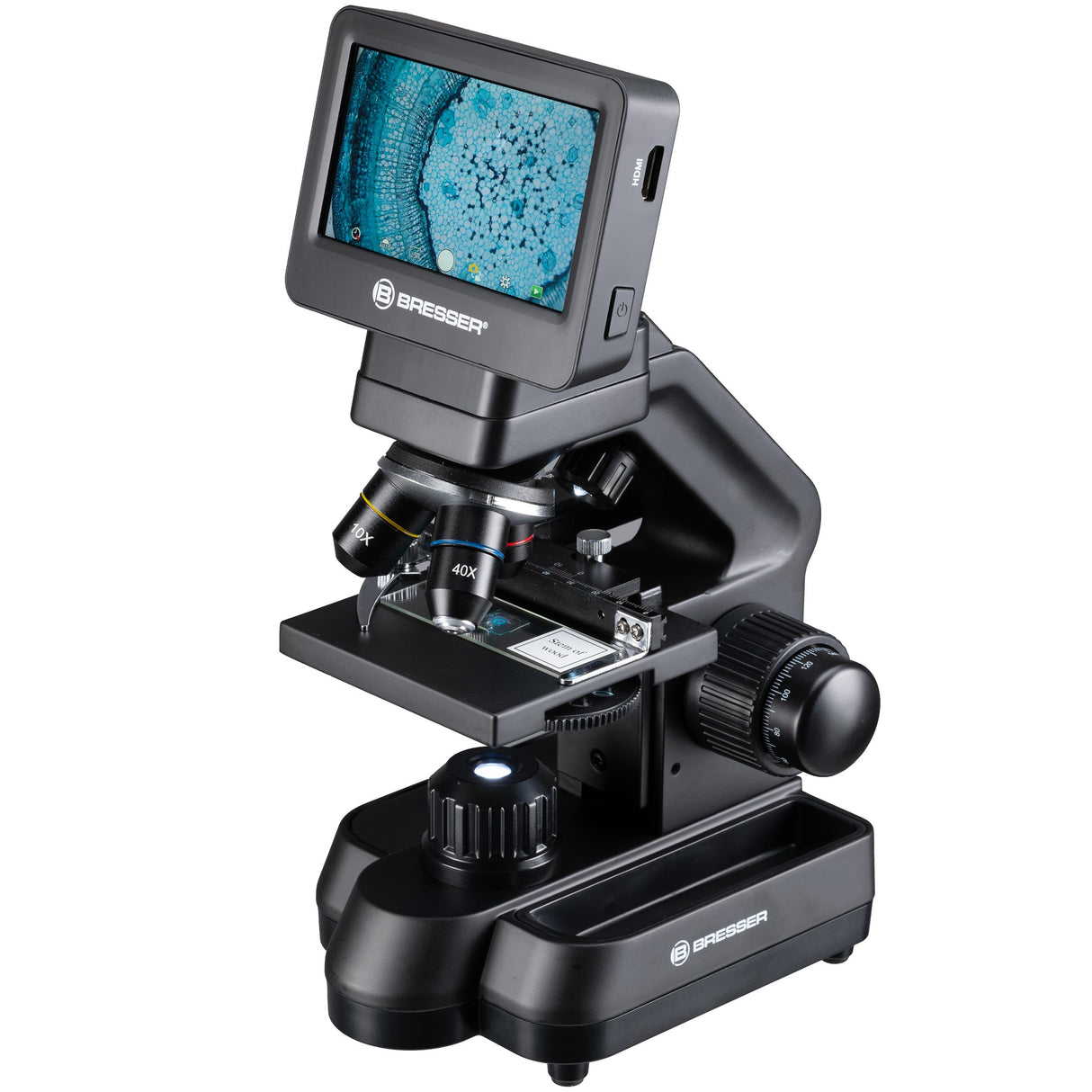 Bresser Biolux Touch - Microscopio LCD de 5 MP para Escuela y Hobby, con Mesa mecánica Cruzada, HDMI, USB y SD, Negro