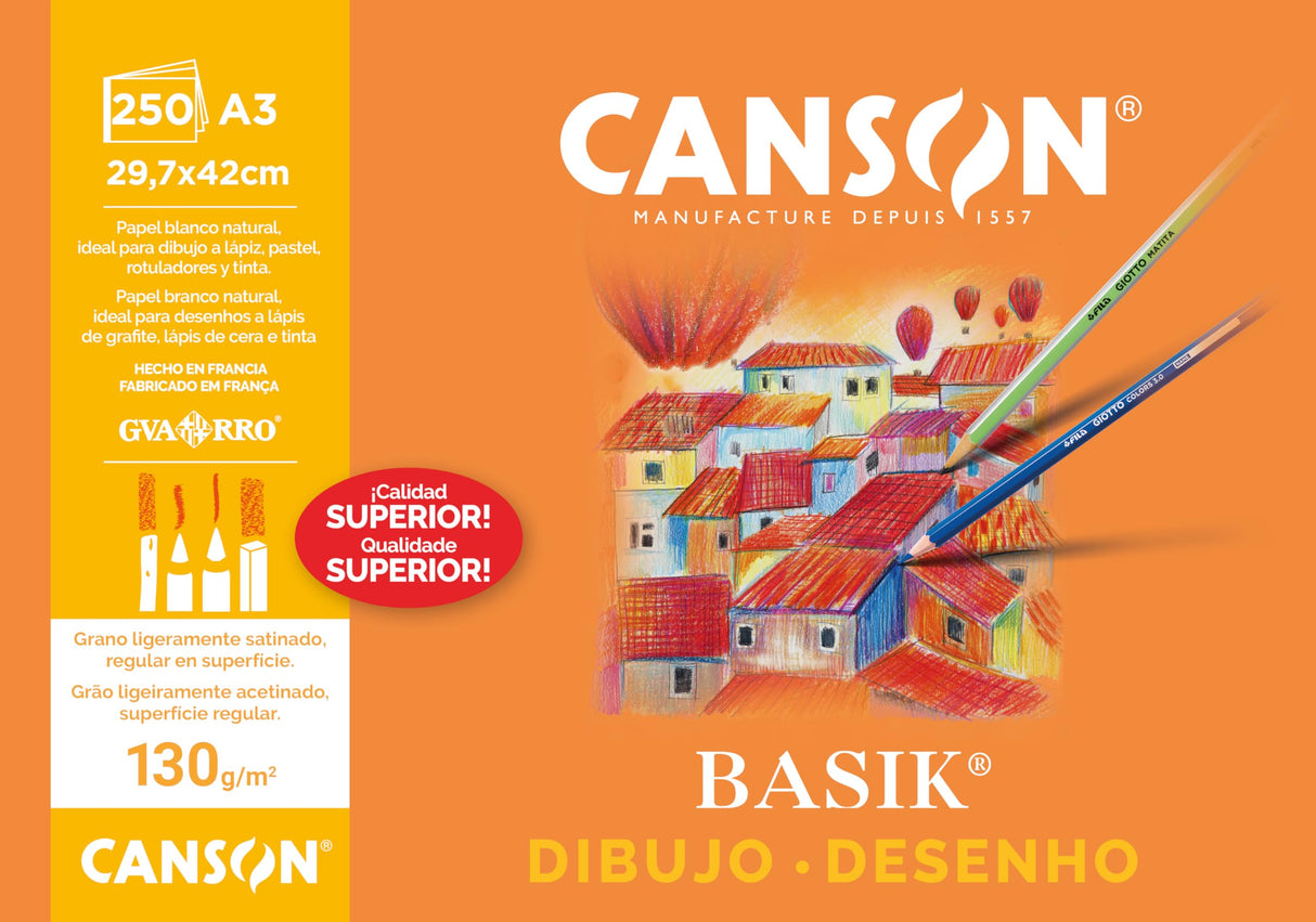 Canson Dibujo Basik, Papel de dibujo blanco, Grano fino, 130g, Hoja, A3-29,7x42cm, Blanco natural, 250 Hojas