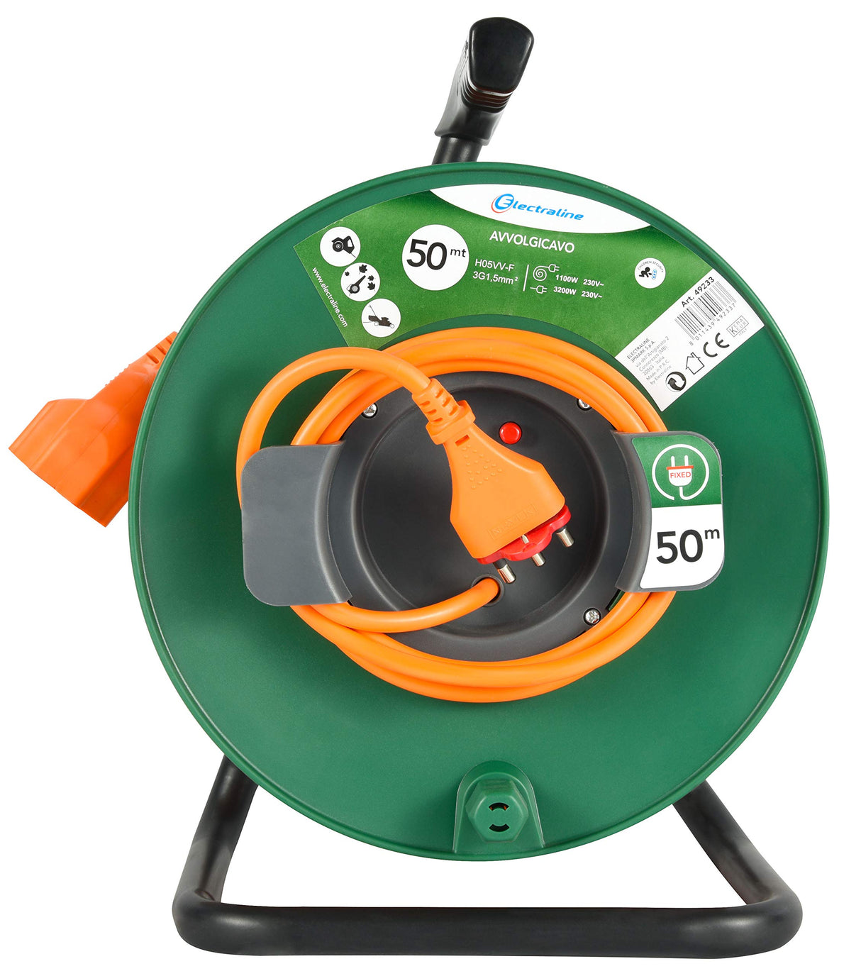 Electraline 49233 - Carrete De Cable Jardín, Longitud 50 M, Socket Universal Sección Cable 3X15 Mm, Naranja/Verde