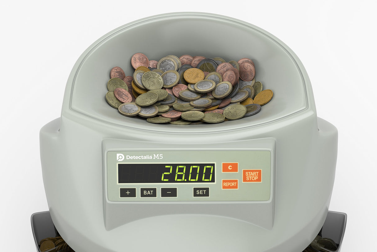 Detectalia M5 - Contadora de monedas cuenta valor y clasifica monedas mezcladas de euro - Clasificadora de monedas separando por denominación