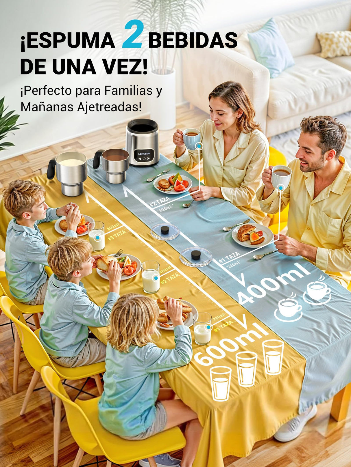 Livatro Espumador De Leche Eléctrico Con Doble Taza 600ml & 400ml, Espumador Leche Eléctrico Que No Quema La Leche, Lavavajillas,Acero Inoxidable,Para Leche Caliente Y Fría,Chocolate Y Comida De Bebé