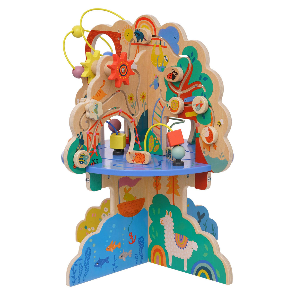Manhattan Toy 160810 Playground Adventure Centro de Actividades de Madera para niños de 12 Meses en adelante con planeadores, Pista de ábaco, Spinners, Juguetes de Primavera y Carreras de Cuentas,