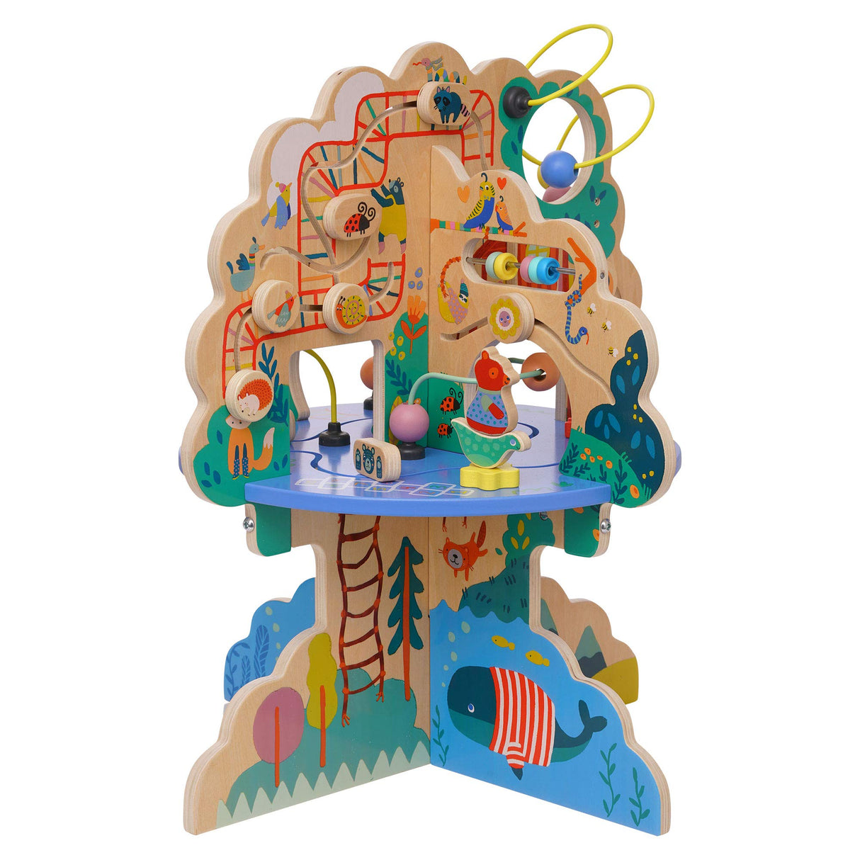 Manhattan Toy 160810 Playground Adventure Centro de Actividades de Madera para niños de 12 Meses en adelante con planeadores, Pista de ábaco, Spinners, Juguetes de Primavera y Carreras de Cuentas,