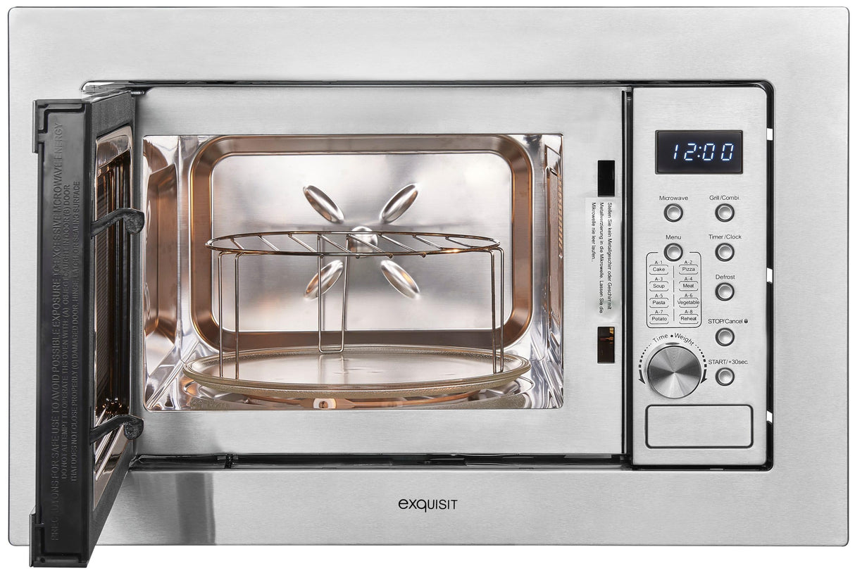 Exquisit® Microondas Combi de Encastre, 20L, 800W, Grill 1000W, Acabado en Acero Inoxidable, 8 Programas Automáticos, Display Digital, Plato 27Cm, Medidas 38,6x59,5x37,5 Cm.