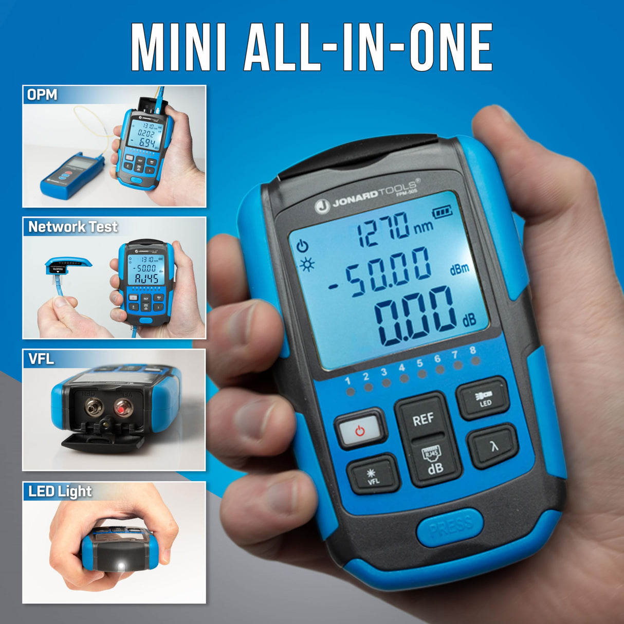 Jonard Tools FPM-50S Mini medidor de potencia óptica, herramienta 3 en 1, OPM (-50 a +26dBm), VFL, probador de red RJ45, rango de 800-1650 nm, adaptadores FC y LC