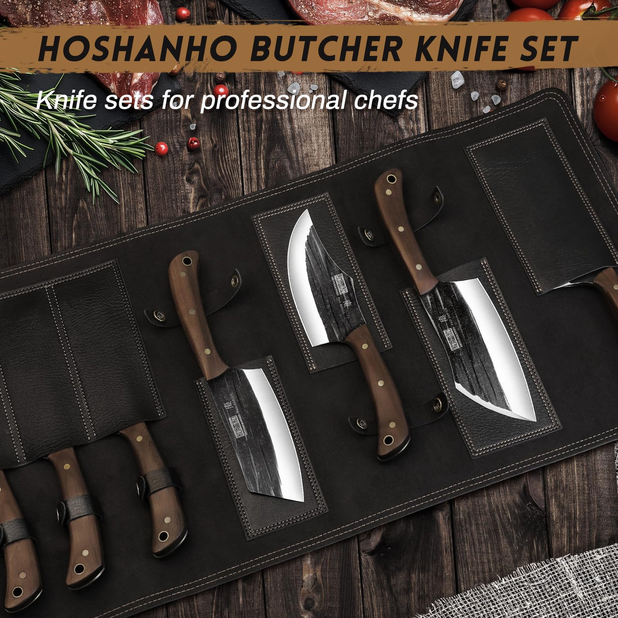 HOSHANHO Juego de Cuchillo de Carnicero, Forjado a Mano, Con Bolsa Enrollable Afilado Cuchillo de Carne, Cuchillo de Hueso y Cuchillo Deshuesador, Ideal Para el Hogar, Camping y BBQ