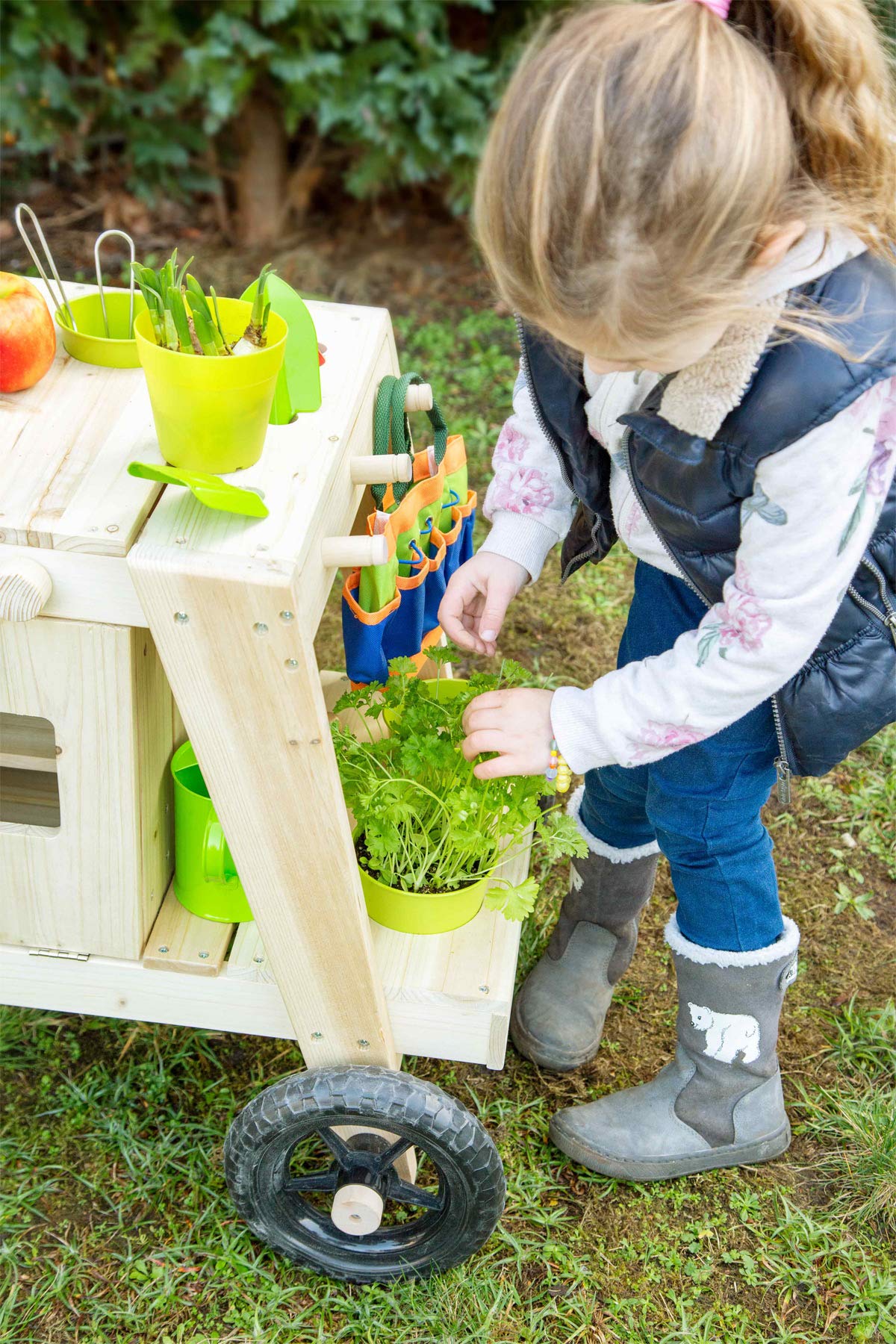 Cocina para Barro, en Madera Maciza e Impermeable para niños a Partir de 3, Cocina para Exterior con Accesorios y Ruedas