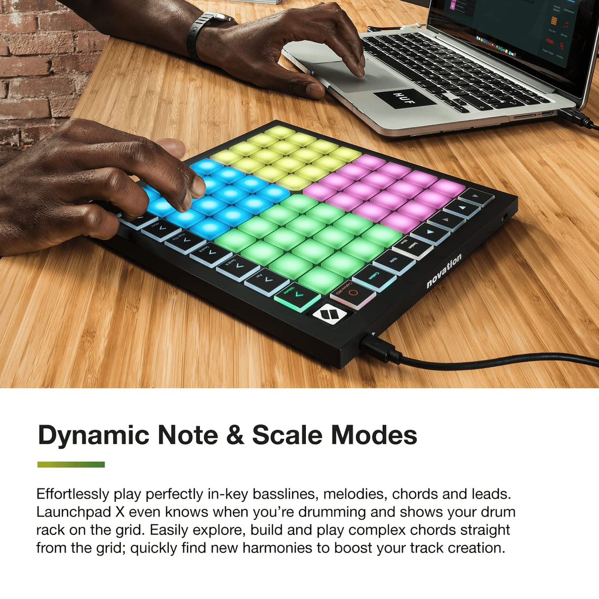 Novation Launchpad X - Controlador de cuadrícula MIDI para Ableton Live/Logic Pro. Controles sencillos, reproducción dinámica de notas, modos Scale