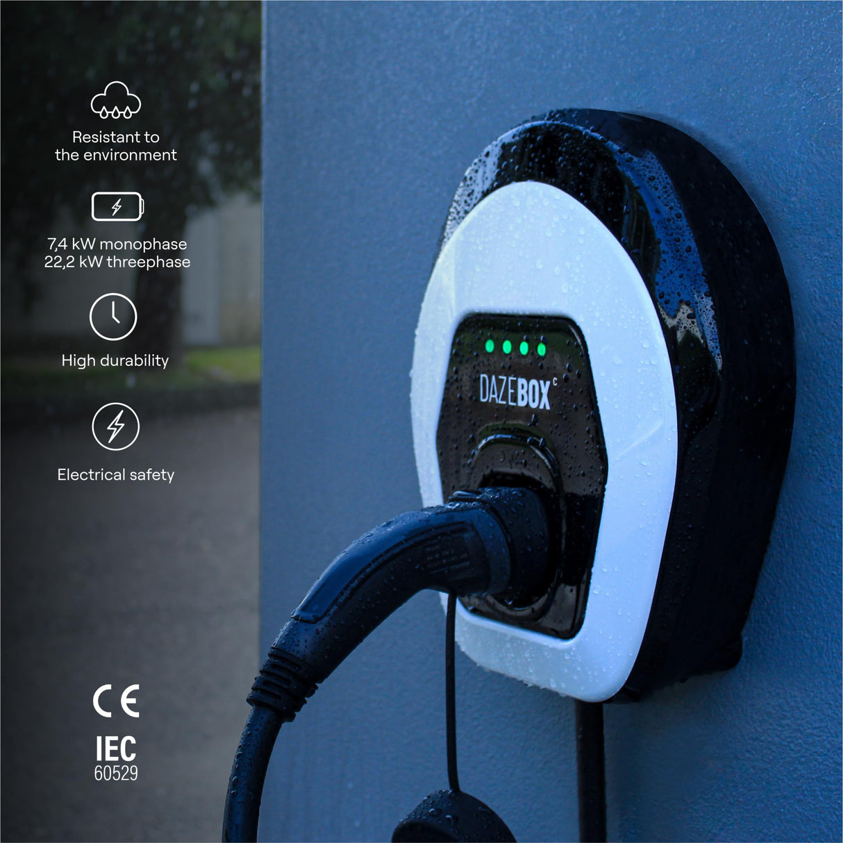 Daze | Dazebox C Estación de Carga Wallbox Modo 3 para EV y PHEV | Cable Tipo 2 Integrado | Conectividad App Daze | (trifásico/hasta 22 kW / 32 A)