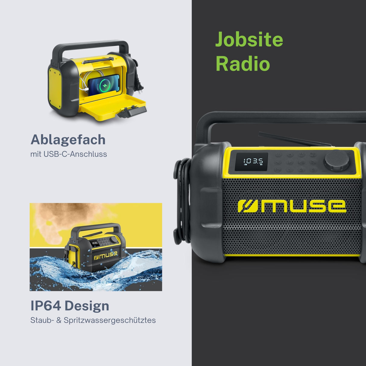 Muse M-928BTY. Radio para el Sitio de Trabajo con Bluetooth. Radio FM PLL. Potencia de Salida 20W. Display 0,5”. Antena de Varilla giratoria. Diseño IP64 a Prueba de Salpicaduras de Polvo