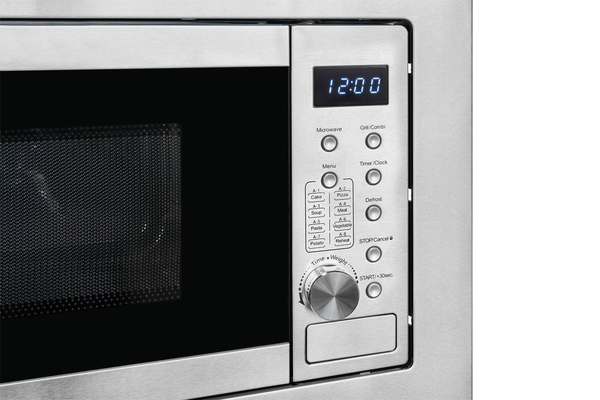 Exquisit® Microondas Combi de Encastre, 20L, 800W, Grill 1000W, Acabado en Acero Inoxidable, 8 Programas Automáticos, Display Digital, Plato 27Cm, Medidas 38,6x59,5x37,5 Cm.