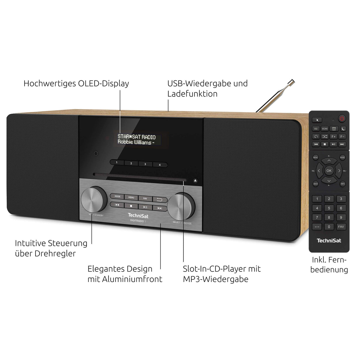TechniSat DIGITRADIO 3 - Sistema Compacto de Radio Estéreo Dab (Dab+, FM, Reproductor de CD, Bluetooth, USB, Conexión para Auriculares, Entrada AUX, Radio Reloj Despertador, Pantalla OLED) Roble