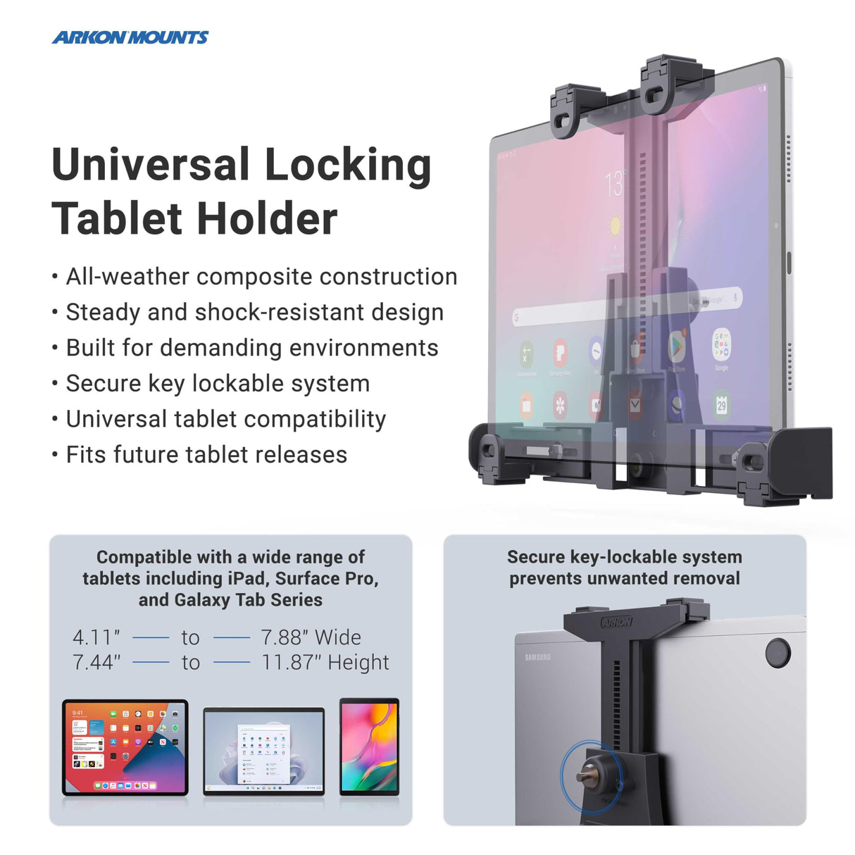 ARKON Mounts - Soporte para tablet con bloqueo de carretilla elevadora con brazo de eje de 8.5 pulgadas, flexibilidad ajustable, instalación sin esfuerzo, diseñado para vehículos de almacén, se adapta