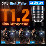 SIRUI Night Walker 16mm Lente de Cine con Enfoque Manual, T1.2 Large Aperture S35 Frame Wide Angle Prime Lens para E Montura Cameras, FX30, ZV-E10, A6400, A6700 (MS16E-G, Gris)