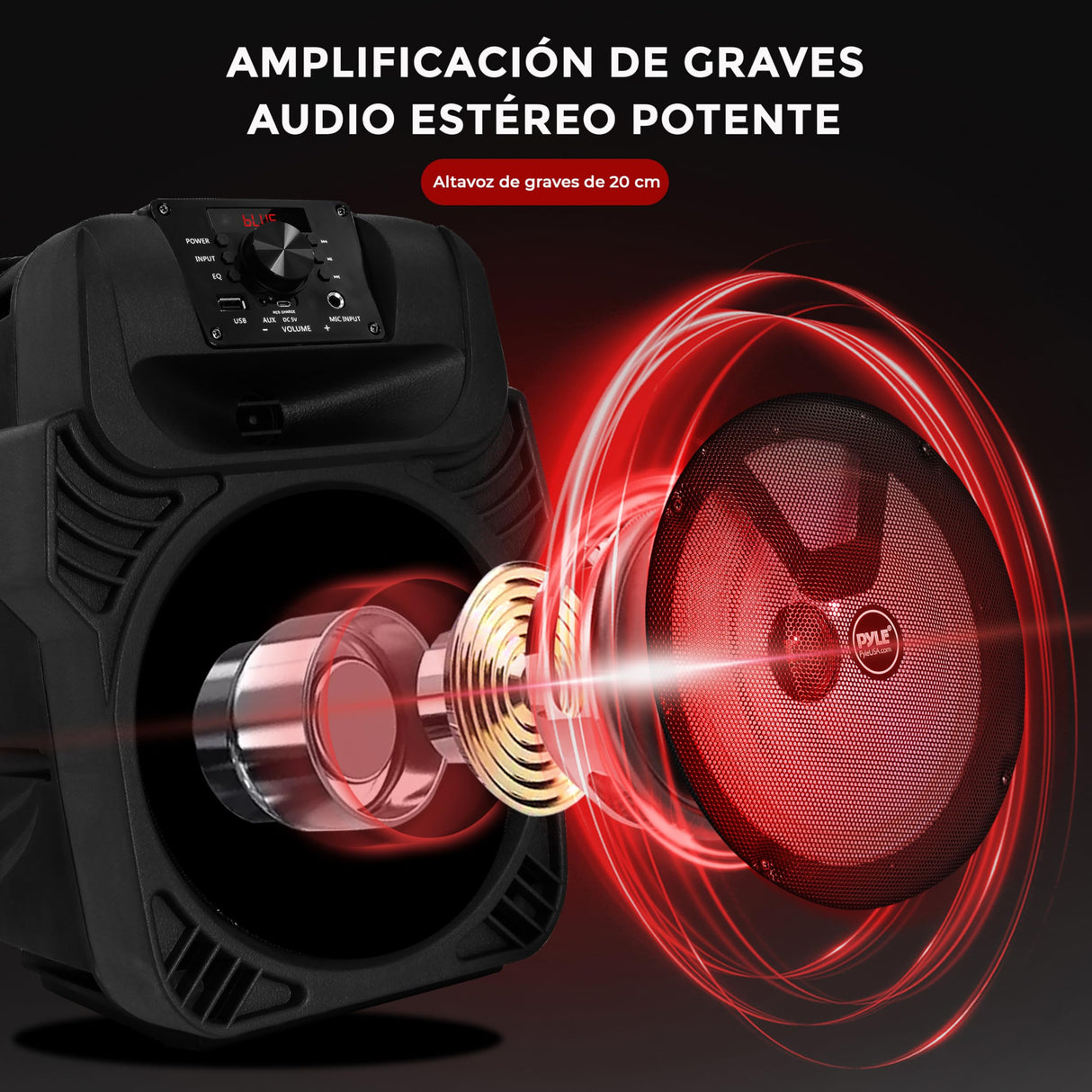 PYLE Altavoz Bluetooth, PA, 400V, Portatil, Recargable, Exteriores, Subwoofer de 8”, Tweeter de 1”, Función de grabación, Micrófono, Luces de Fiesta, Radio USB/SD, Mando a Distancia