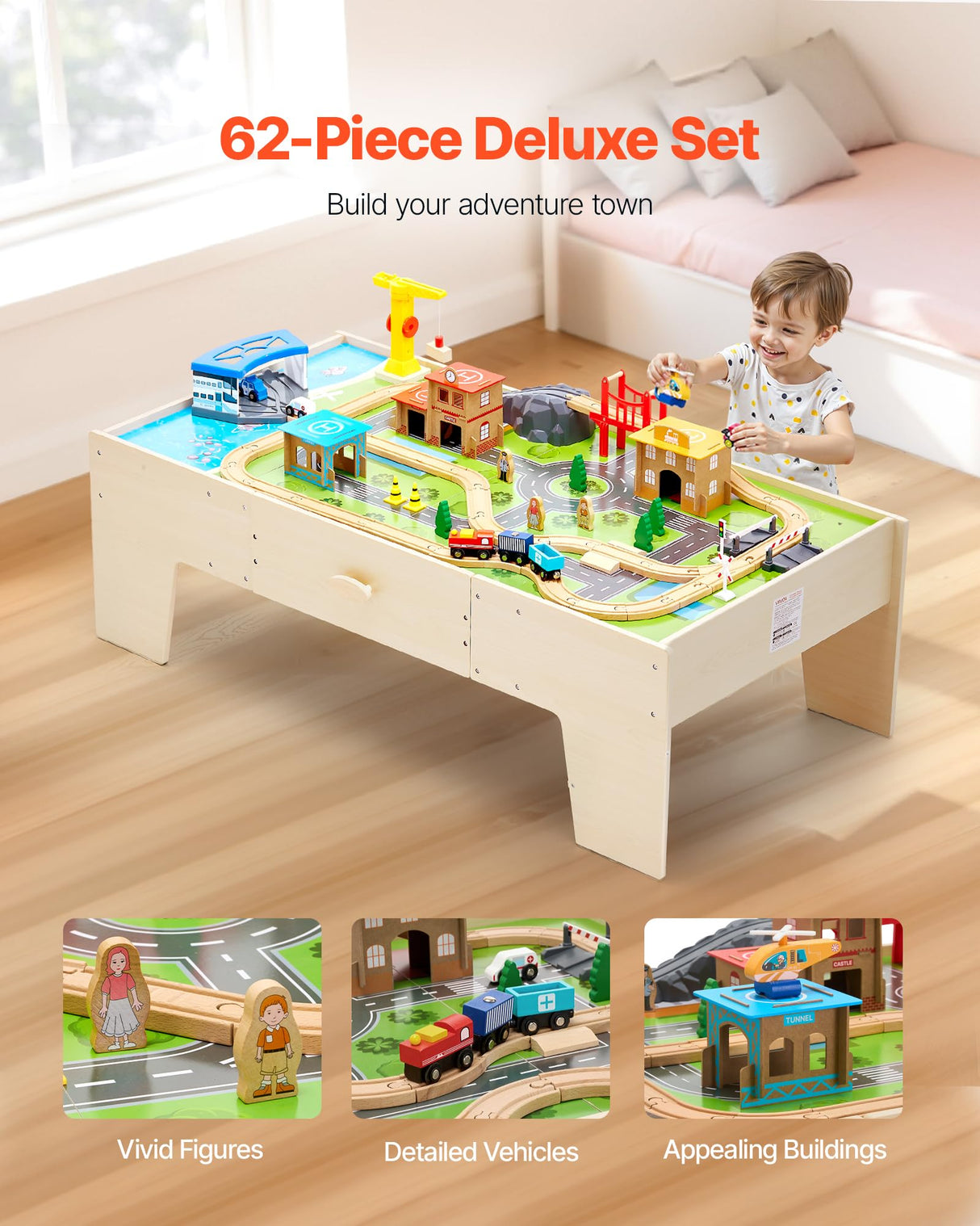 VEVOR Mesa de Actividad de Tren 62 Piezas de Madera 1270 x 621 x 394 mm Mesa de Juegos de Tren Circuito de Ferroviarias Juguetes Creativos con Cajón de Almacenamiento para Facilitar Organización