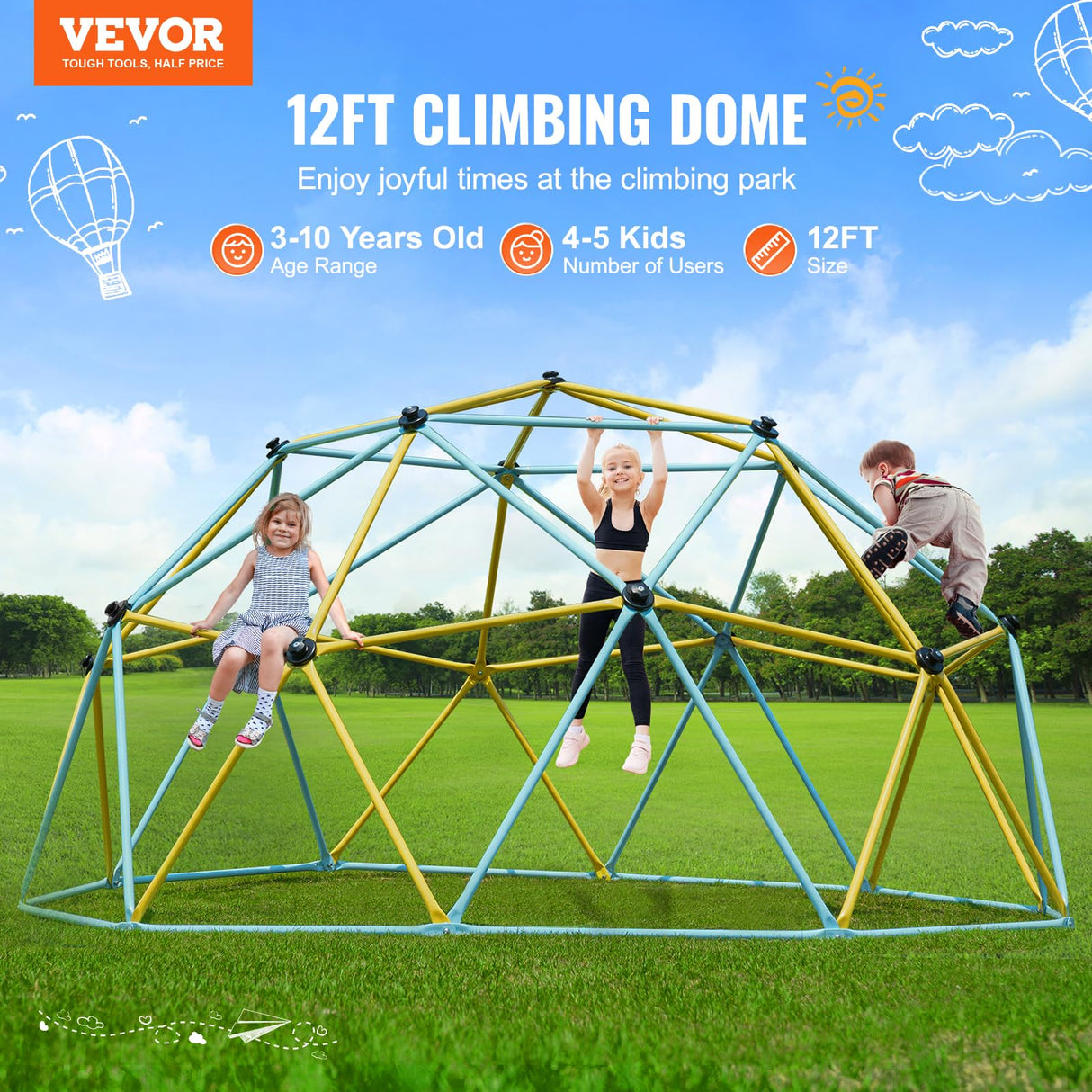 VEVOR Climbing Dome, Jungle Gym Supports 750 lbs. and Easy Assembly, 12-Foot Geometric Play Centre for Kids 3-10 Years Old, with Climbing Grip, Outdoor Playground Equipment